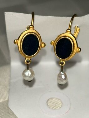 Gold Earrings with Navy Insets and Pearl Drops